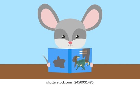 Illustration of a mouse reading a book on a blue background.