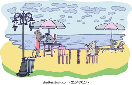 Illustration of a mouse selling ice cream. Pink, sea, beach, food court and buyer, eps ready to use. For your design