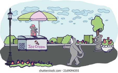 Illustration of a mouse selling ice cream. Park, greenery, cat, food court and buyer, eps ready for use. For your design