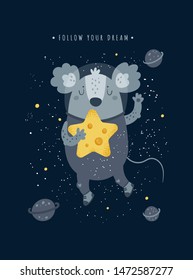 Illustration of a mouse, a symbol of 2020. Cute cosmic mice rat with cheese star. Holiday card. Cartoon vector animal character illustration. For print, poster, calendar, decoration, textile, souvenir