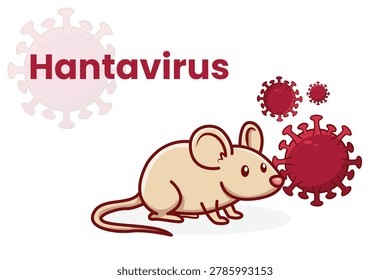 Illustration of a mouse with virus particles representing Hantavirus, a zoonotic disease transmitted by rodents, isolated on a white background.