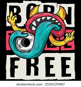 Illustration of a mouth with horns, teeth and a huge tongue holding a skateboard tire, urban tattoo style design with texts in the background plus textures, modern design.