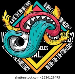 Illustration of a mouth with horns, teeth and a huge tongue holding a skateboard tire, urban tattoo style design with texts in the background plus textures, modern design.