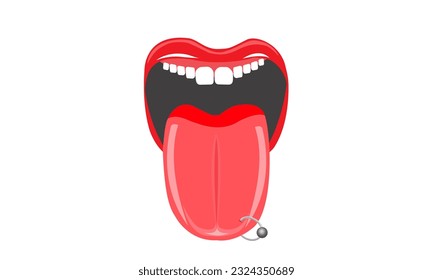 illustration of mouth and tongue pierced with  titanium silver, pierced tongue rings
