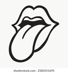 Illustration of a mouth with tongue sticking out. Bold black lines define the lips and tongue. Iconic design symbolizing expression and attitude. Fun doodle illustration vector.