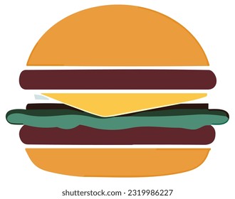 Illustration of a mouthwatering burger featuring a delicious combination of juicy meat, melted cheese, fresh salad or pickles, and a creamy layer of mayonnaise