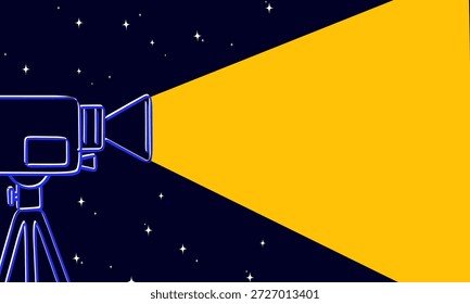 Ilustración de una cámara de película con un proyector que proyecta luz sobre un fondo estrellado, con espacio vacío limpio para texto, adecuado para películas, transmisión, educación y temas de entretenimiento