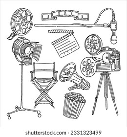  illustration, movie, cinema, film, entertainment, vector, video, design, reel, 3d, icon, isolated, symbol, sign, background, camera, show, art, theater hand drawn doodle illustrations vector set