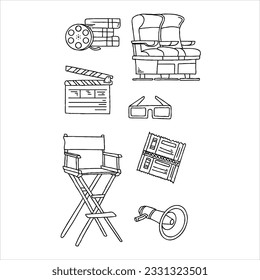  illustration, movie, cinema, film, entertainment, vector, video, design, reel, 3d, icon, isolated, symbol, sign, background, camera, show, art, theater hand drawn doodle illustrations vector set