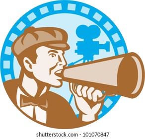 Illustration of a movie director shouting using bullhorn with vintage film video camera set inside circle with film reel done in retro style.