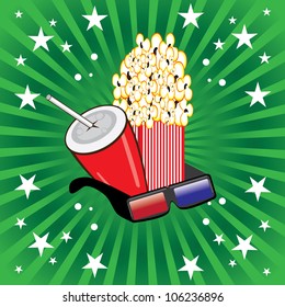 Illustration of movie theme objects on green background