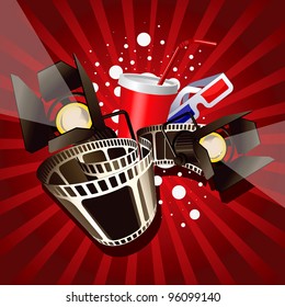 Illustration of  movie theme objects on red background.