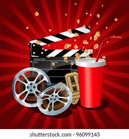 Illustration Of  Movie Theme Objects On Red Background.