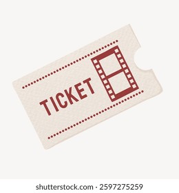 Illustration of a movie ticket with a film strip design. The ticket is beige with red text. Simple movie ticket graphic with a classic cinema theme. Vintage vector illustration.