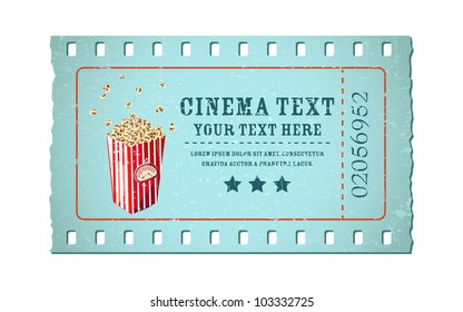 illustration of movie ticket in shape of film reel with popcorn tub