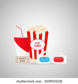Illustration of movie ticket, soda, popcorn and 3d glasses on a gray background.