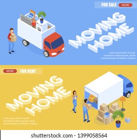 Illustration Moving Home For Rent And For Sale. Flat Banner Man In Uniform Loads Boxes Into Van. Woman Stands Next To Truck And Checks List Cargo. Horizontal Set Isometric Landing Page.