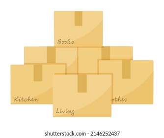 Illustration of moving packages. Illustration of stacked packed cardboard boxes. Vector illustration on white background.