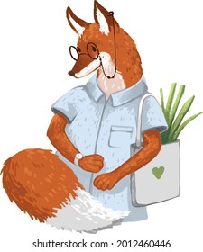 illustration Mr. Fox in glasses with a watch in a shirt and a bag of vegetables is going to a store for children