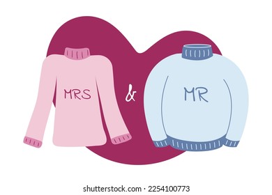 Illustration of Mr. and Mrs. gender paired sweaters for Valentine Day, February 14th. Love, heart shape. Pink and blue sweater. Vector illustration.