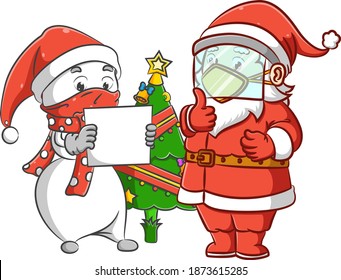 The illustration of the Mr. snowman and the Santa clause is standing near the Christmas tree for celebrate the Christmas together