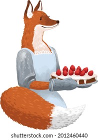 illustration of Mrs. Fox in a dress made a strawberry pie for children