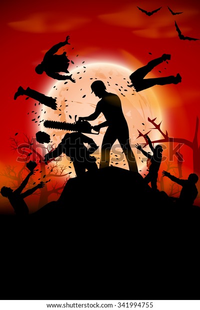 illustration of a msn fighting with crowd of zombies\
with chain saw