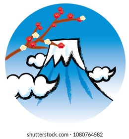 Illustration of Mt. Fuji and plum trees, illustration of landscape, image of New Year, Japanese style illustration