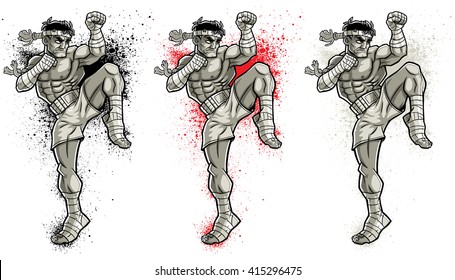 Illustration of Muay Thai fighter in 3 color versions. 