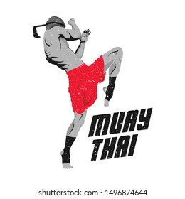 Illustration of a Muay Thai Fighter Kicking, vector illustration, grunge effect