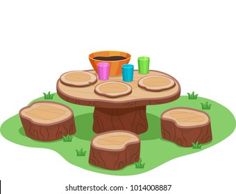 Illustration of a Mud Kitchen Table with Wooden Stools and Plate and Mud
