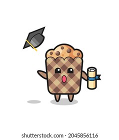Illustration of muffin cartoon throwing the hat at graduation , cute design