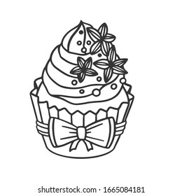 Illustration of a muffin with decorations at the top in the form of flowers and balls. Packaging with a bow. Hand drawn coloring with cupcakes, cakes, candies in doodle style  on white background.