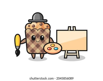 Illustration of muffin mascot as a painter , cute design
