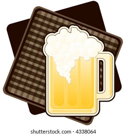 Illustration of a mug of beer, on brown checked background.