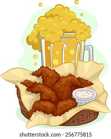 Illustration of a Mug Overflowing With Beer and a Basket Full of Buffalo Wings