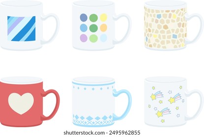 Illustration of mugs printed with various patterns