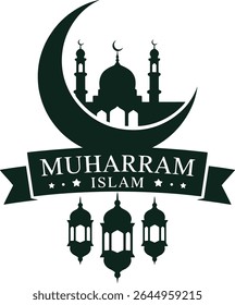 Illustration of muharram with mosque crescent moon and hanging lanterns