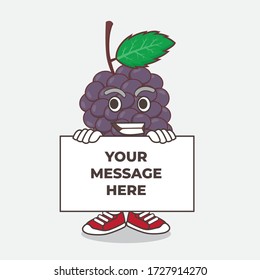 An illustration of Mulberry Fruit cartoon mascot character with funny face hides behind a board