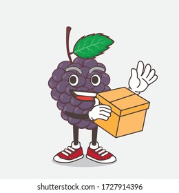 An illustration of Mulberry Fruit cartoon mascot character holding a box