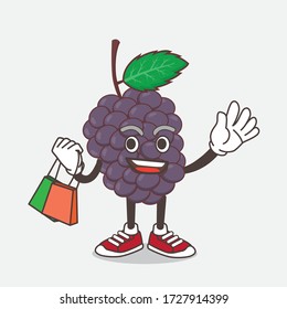 An illustration of Mulberry Fruit cartoon mascot character waving and holding Shopping bags