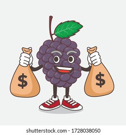 An illustration of Mulberry Fruit cartoon mascot character holding money bags