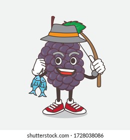 An illustration of Mulberry Fruit cartoon mascot character fishing with 2 fishes
