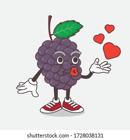 An illustration of Mulberry Fruit cartoon mascot character teasing with heart kiss