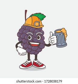 An illustration of Mulberry Fruit cartoon mascot character holding a glass of beer