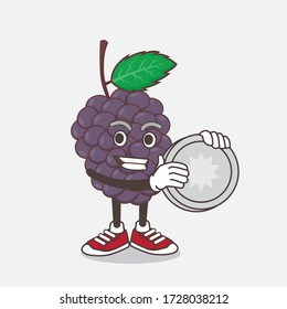 An illustration of Mulberry Fruit cartoon mascot character holding a silver coin medal