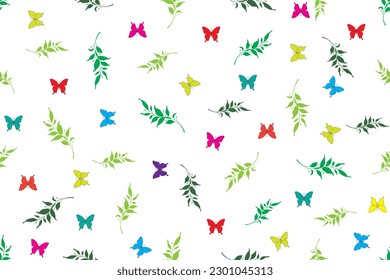 Illustration, Multi color Buttery with leaves on white background.