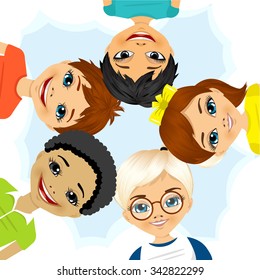 illustration of multi ethnic group of children forming a circle together from low angle view