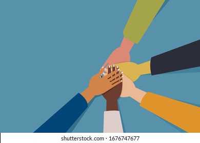 Illustration of multi ethnic hands placed over other. Concept of teamwork