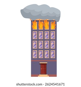 Illustration of a multi storey building with smoke billowing from its windows, engulfed in flames